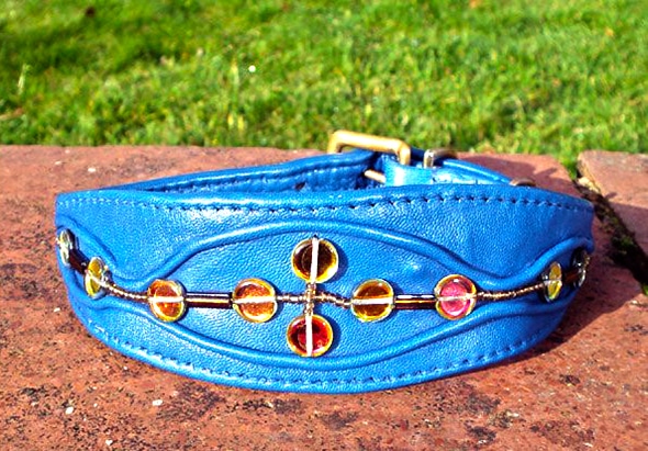 Medium Blue Lamb Nappa Leather Dog Collar With Gold Beads-0