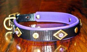 Extra Small BETA® Black Dog Collar With BETA® Purple Underlay, Brass Diamonds and Purple Rhinestones-0