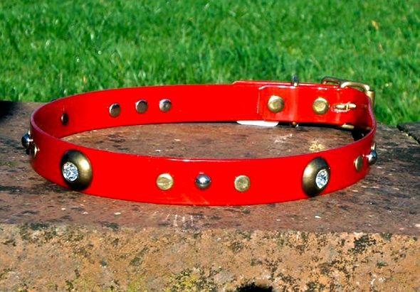 Large BETA® Red Dog Collar With Spotlight Rivets and Domed Rivets-0