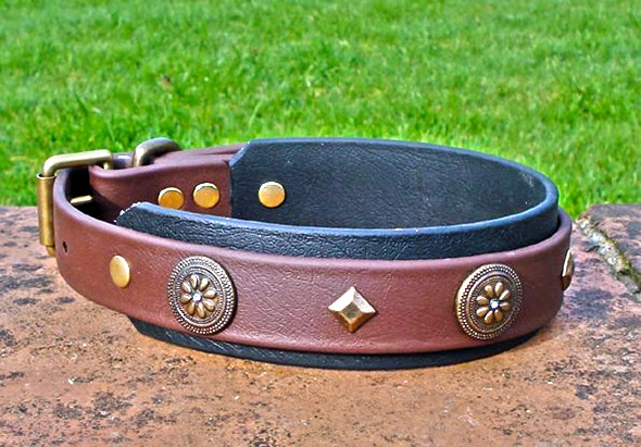 Large BETA® Brown Dog Collar With BETA® Black Underlay, Navajo Conchos and Keystones-0
