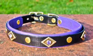 Medium BETA® Black Dog Collar With BETA® Purple Underlay, Brass Diamonds and Purple Rhinestones-0