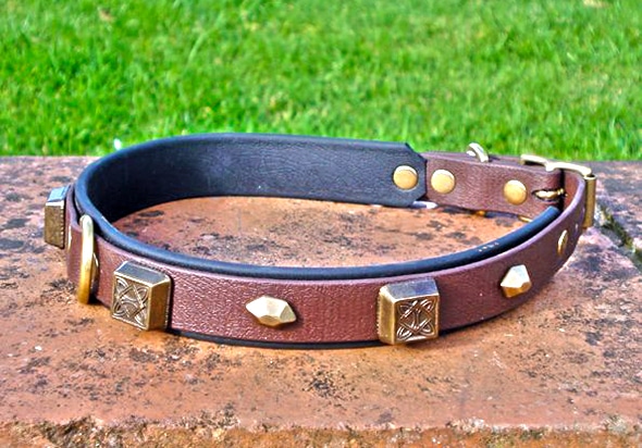 Large BETA® Brown Dog Collar With BETA® Black Underlay, Celtic Squares and Hexagons-0