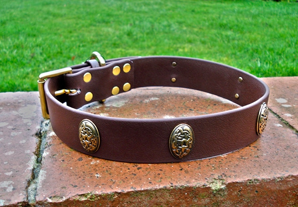 Extra Wide BETA® Brown Dog Collar With Midgard Oval Antique Brass Conchos-0